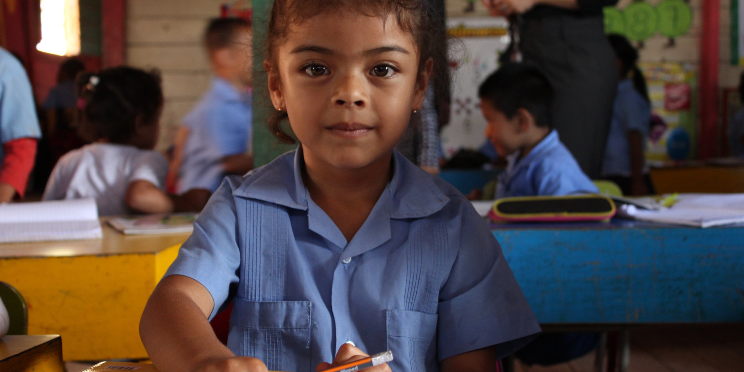 A young girl in class at the Tim Hines school in Tegucigalpa, Honduras. August 2017. Credit: GPE/Carolina Valenzuela